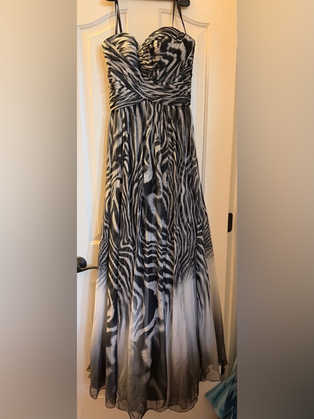 La Femme Black and White Strapless Print Evening Gown